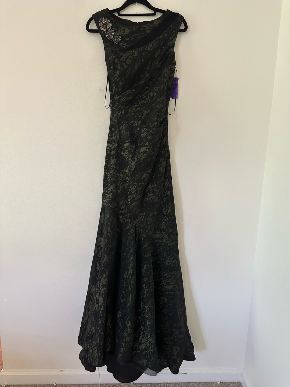 rickie freeman for terry jones dress Black and Dark Green Lace Evening Gown SZ 4